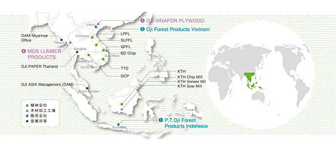 ❶ P.T.Oji Forest Products Indonesia　❷ OJI-VINAFOR PLYWOOD　❸ Oji Forest Products Vietnam　❹ MOS LUMBER PRODUCTS　OAM/Myanmar Office　LPFL　SLPFL　QPFL　BD Chip　TTO　OCP　OJI PAPER Thailand　OJI ASIA Management (OAM)　KTH　KTH Chip Mill　KTH Veneer Mil　KTH Saw Mill