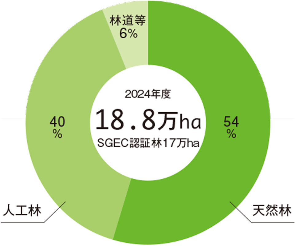 王子グループ 社有林・分収林 面積188千ha、面積割合 天然林 54％ 人工林 40％ その他 6％ 2024年3月現在