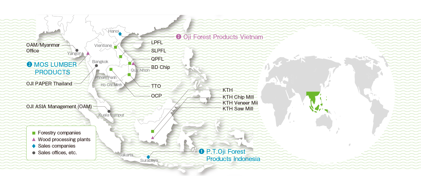 ❶ P.T.Oji Forest Products Indonesia　❷ OJI-VINAFOR PLYWOOD　❸ Oji Forest Products Vietnam　❹ MOS LUMBER PRODUCTS　OAM/Myanmar Office　LPFL　SLPFL　QPFL　BD Chip　TTO　OCP　OJI PAPER Thailand　OJI ASIA Management (OAM)　KTH　KTH Chip Mill　KTH Veneer Mil　KTH Saw Mill