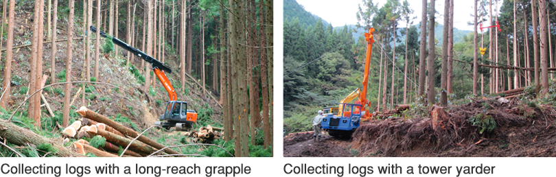 Collecting logs with a long-reach grapple Collecting logs with a tower yarder