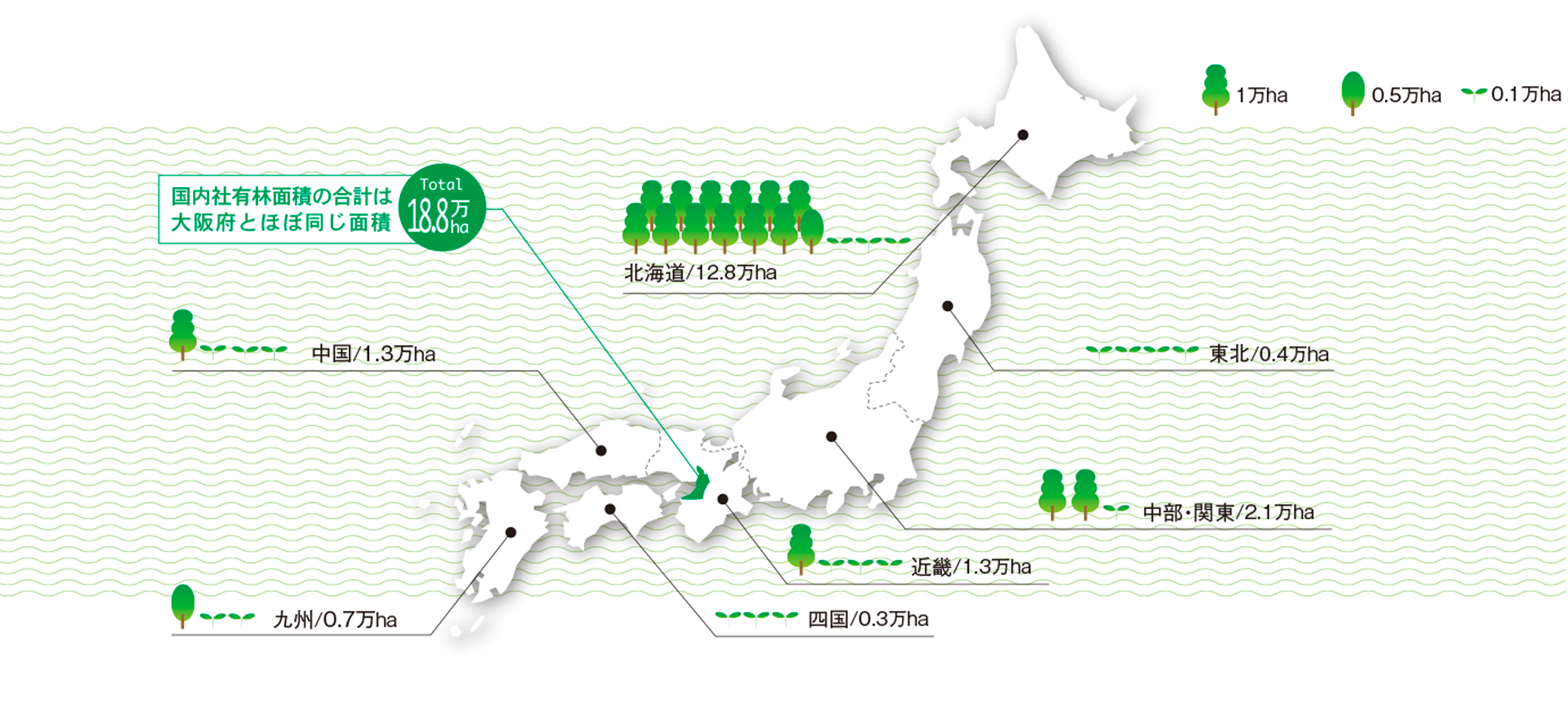 国内社有林面積の合計は大阪府とほぼ同じ面積 Total 18.8万 ha  北海道/127,000ha  東北/4,000ha  中部・関東/22,000ha  近畿/12,000ha  中国/14,000ha  四国/3,000ha  九州/8,000ha