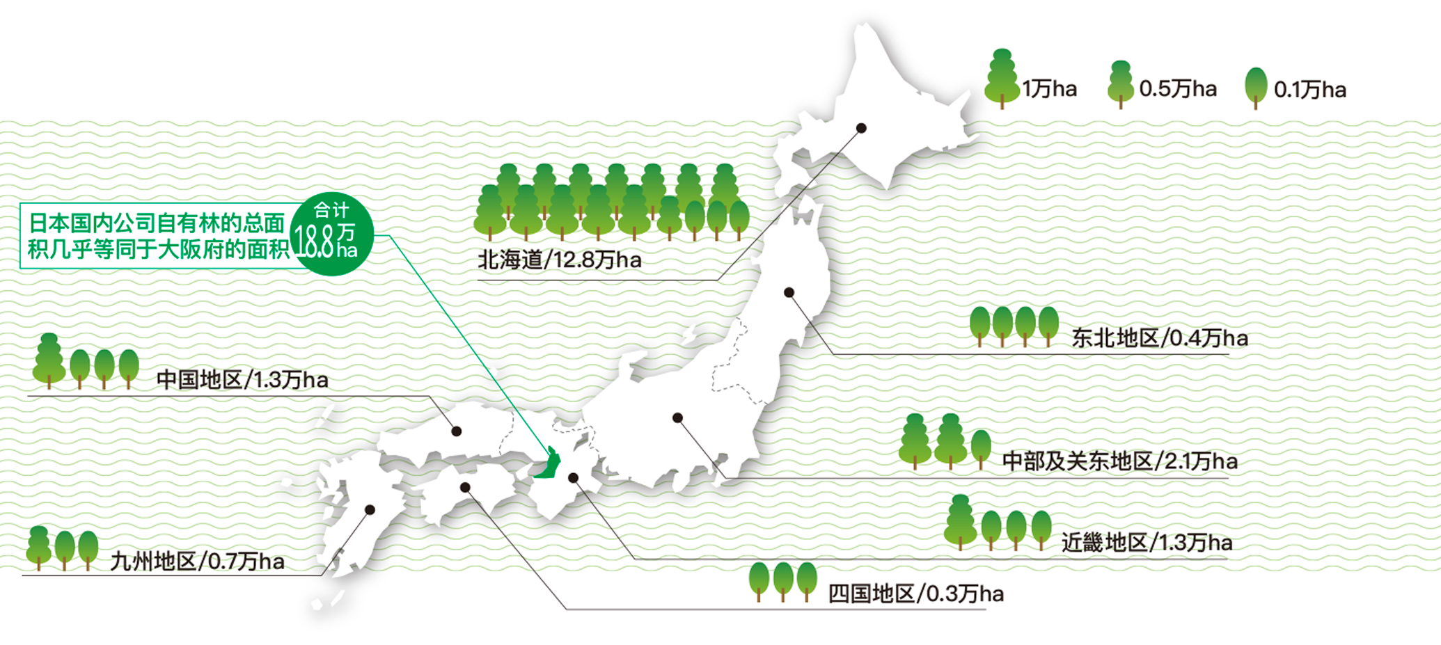 日本国内公司自有林的总面积几乎等同于大阪府的面积 Total 18.8万 ha  北海道/12.8万ha  东北地区/0.4万ha  中部及关东地区/2.1万ha  近畿地区/1.3マンha  中国地区/1.3万ha  四国地区/0.3万ha  九州地区/0.7万ha